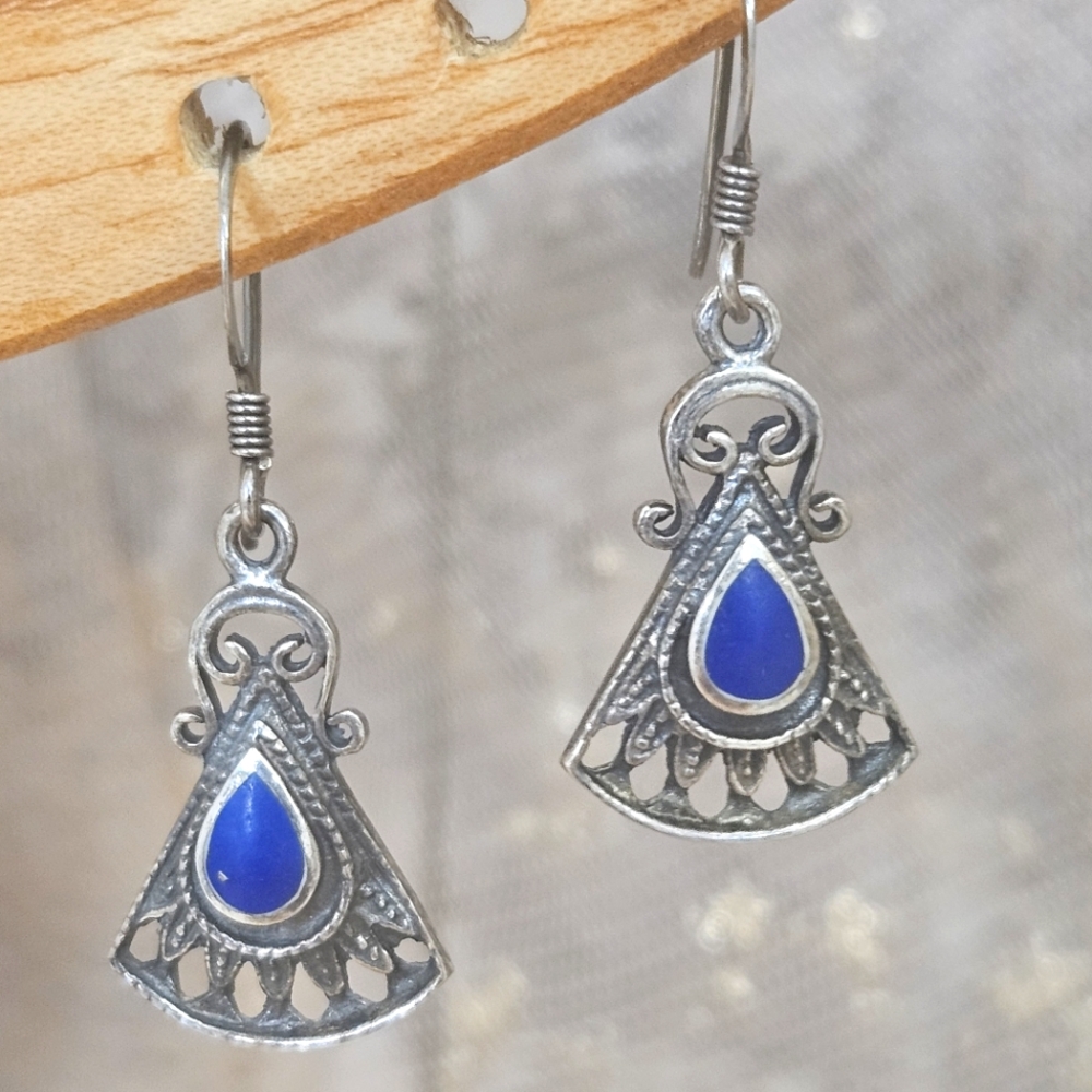 Lapis Lazuli 925 Boho Style Sterling Silver Dangle Earrings